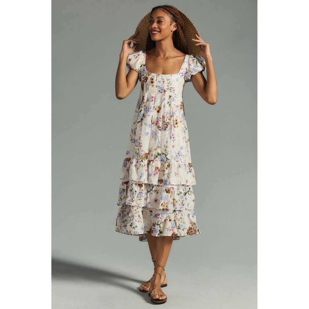 Anthropologie Floral Tiered Cap-Sleeve Midi Dress - SIZE XS Petite